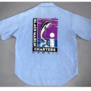 Crazy Shirts Hawaii Black Marlin Charters Blue Button Up Men's Medium 90s